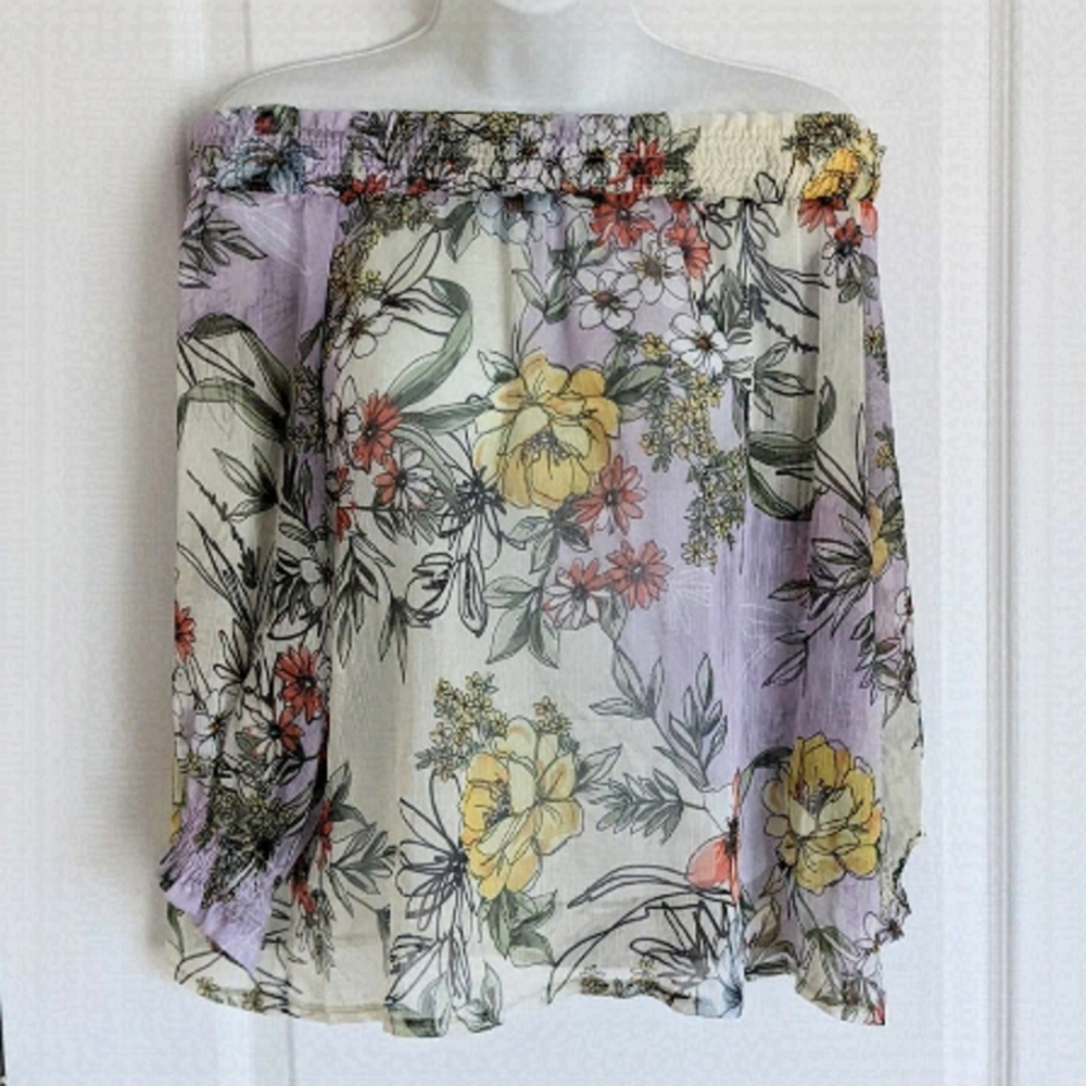 Italian crop floral blouse smoked neckline and puff baloon sleeve Medium @F1